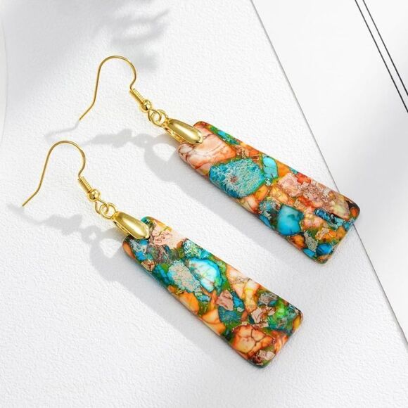 18K Yellow Gold with Natural Imperial Blue Orange Jasper Stone Hook Earrings - Picture 2 of 6